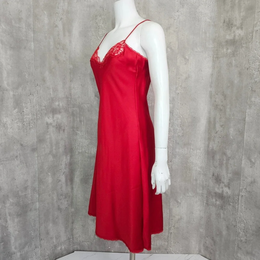 Vintage Warners Red Nylon Lace Slip‎ Dress Womens 34 Mini Chemise Nightgown USA
